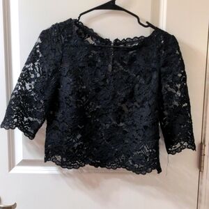 Bebe Small Black Lace Semi-Formal Cover Up Crop Top Gorgeous Modest Short Sleeve